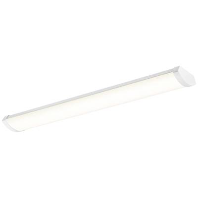 Eine längliche, weiße LED-Leuchte an der Decke, die gleichmäßiges, warmweißes Licht ausstrahlt, geeignet für moderne Innenräume.