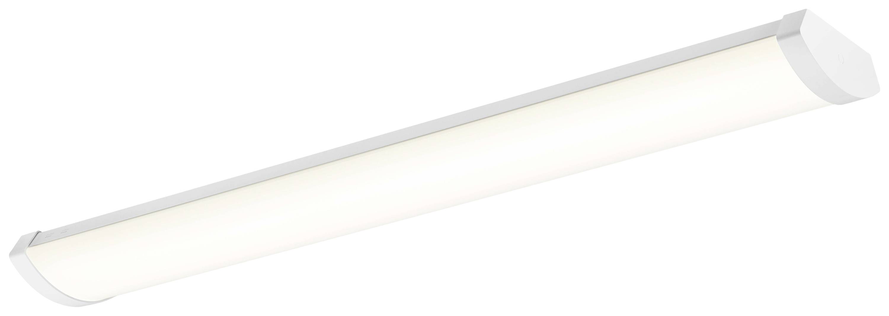 Eine längliche, weiße LED-Deckenleuchte, die ein warmes, gleichmäßiges Licht abgibt. Ideal für moderne Raumbeleuchtung.