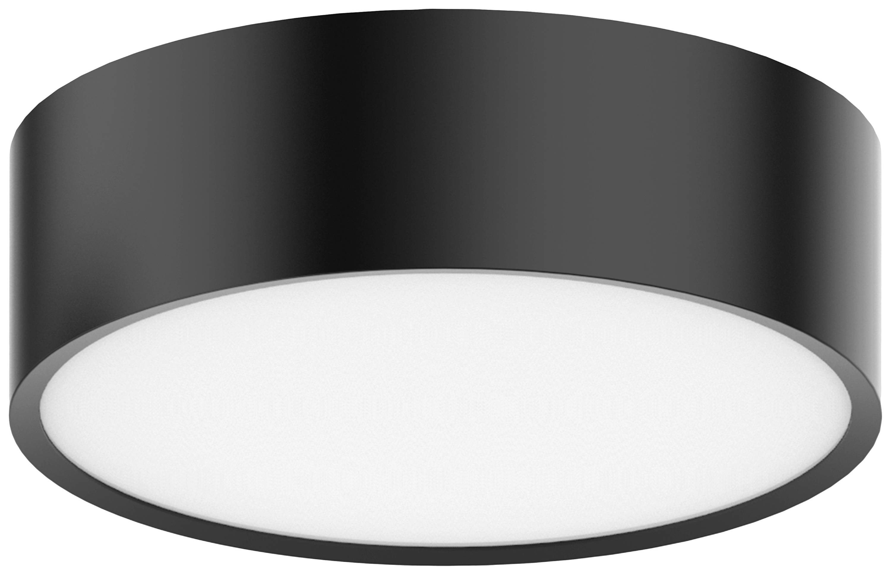 Schwarze, runde Deckenleuchte mit weißer, flacher Lichtfläche, die gleichmäßige Beleuchtung bietet.