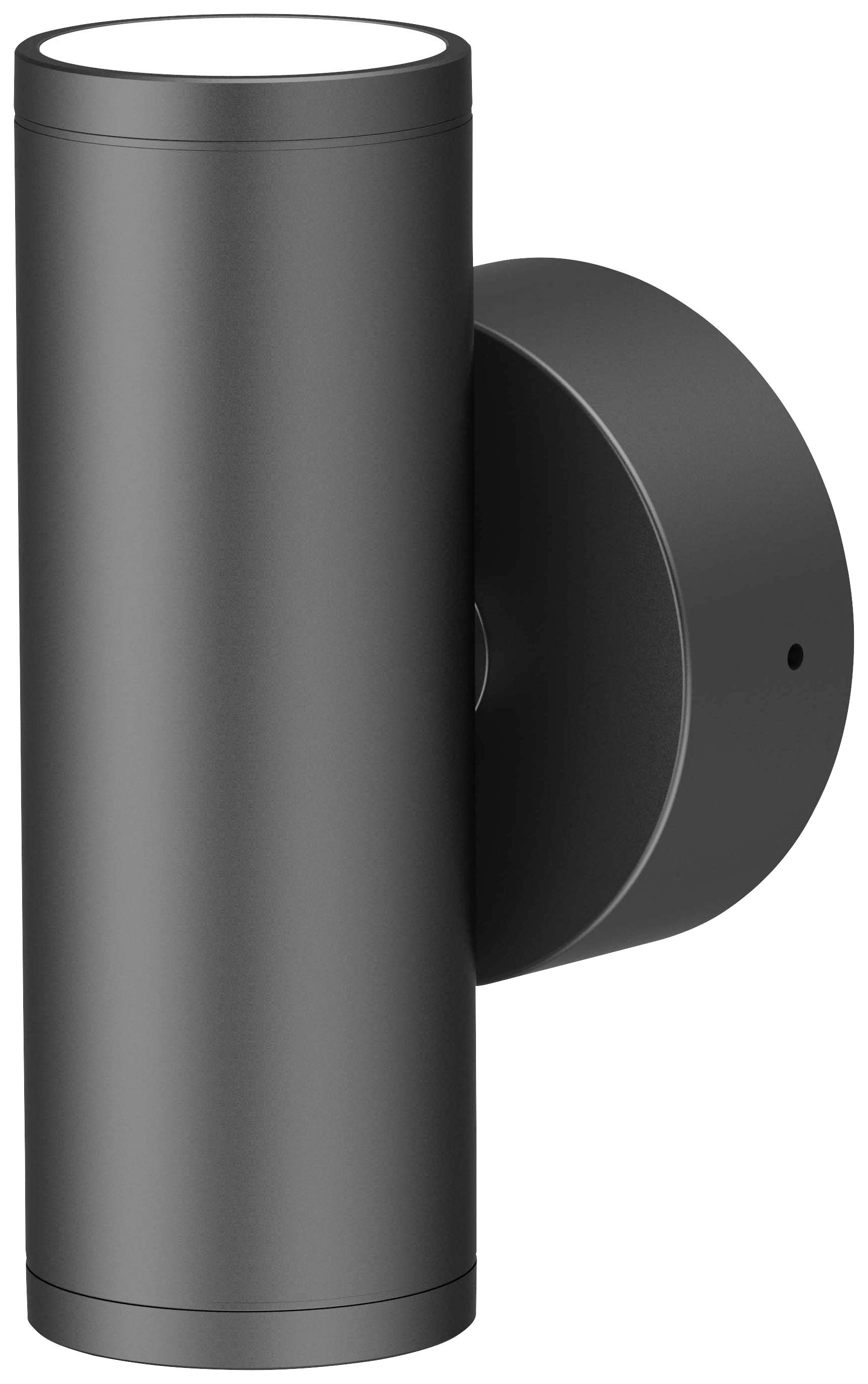 Schwarze, zylindrische Außenwandlampe mit rundem Sockel, geeignet für moderne Gebäudebeleuchtung.