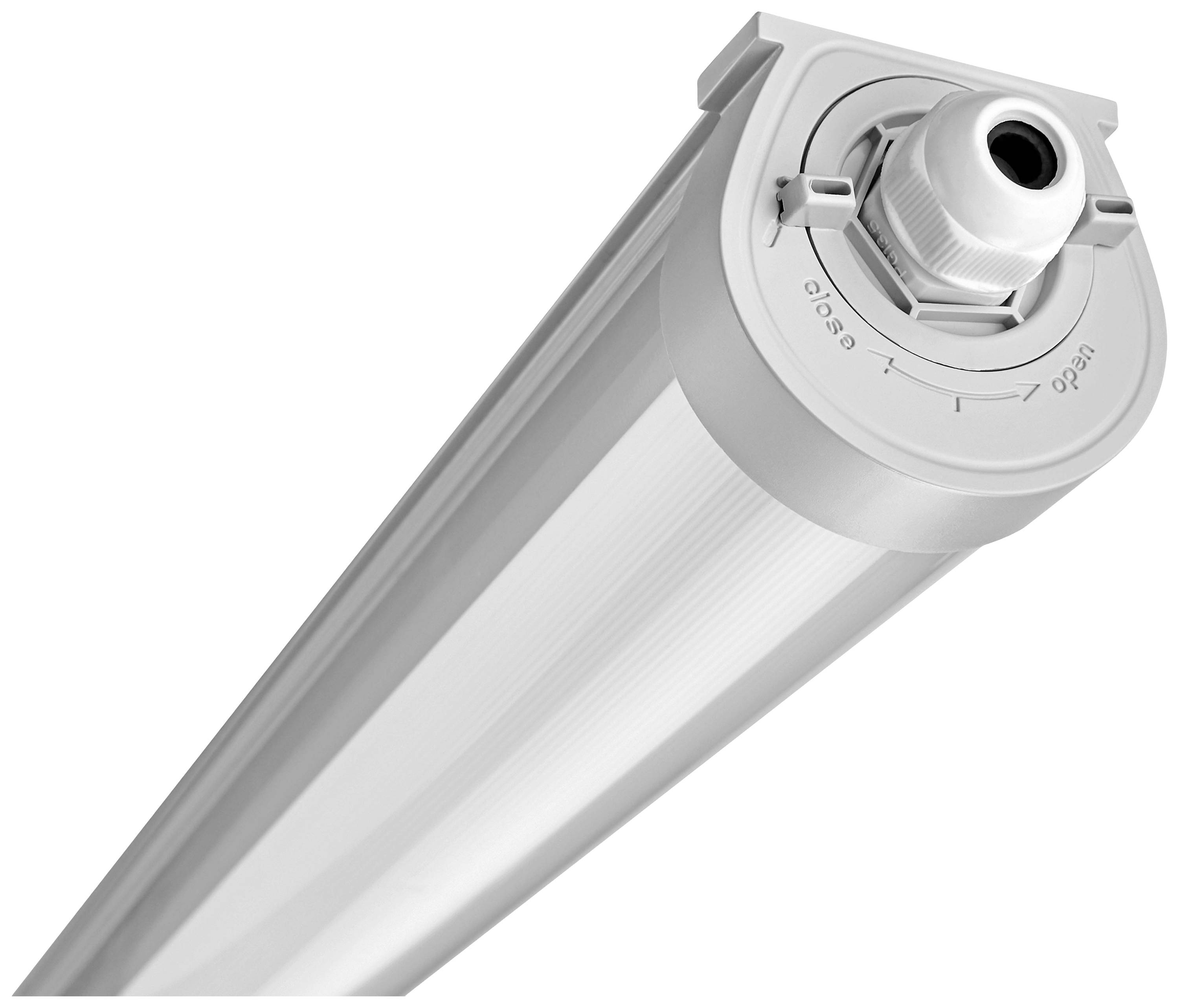LED-Lichtleiste in Nahaufnahme, mit weißem Gehäuse und Anschlussmöglichkeit an einem Ende, ideal für industrielle Beleuchtung.