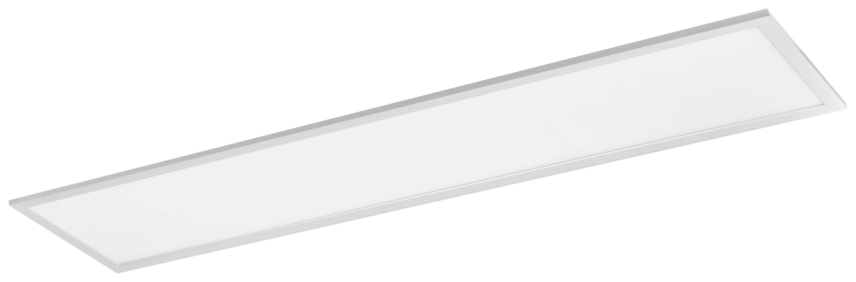 Ein rechteckiges, flaches LED-Panel in Weiß, geeignet zur Deckenmontage, zeigt minimalistisches und modernes Design.