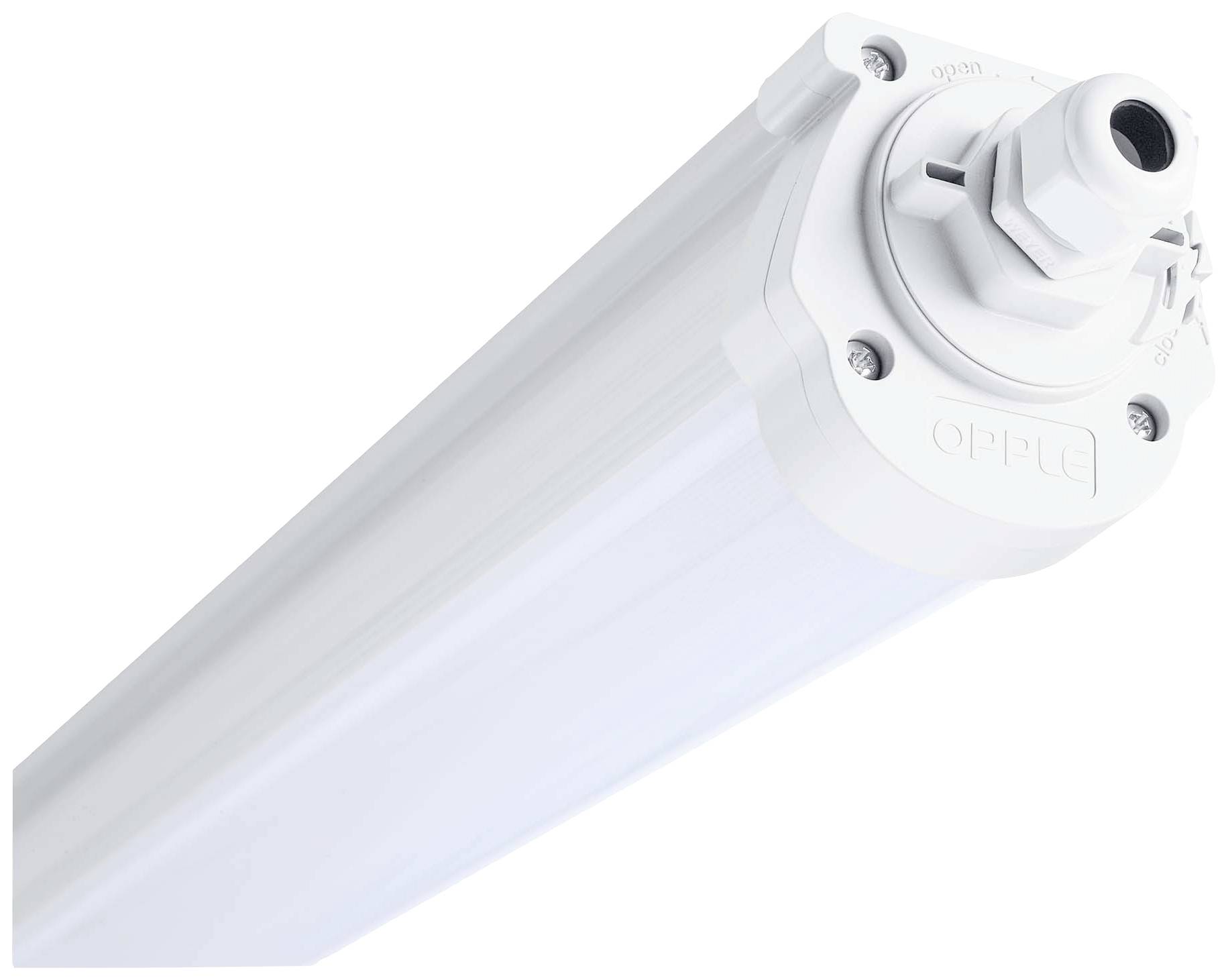 Weißer, länglicher LED-Lichtbalken mit Anschlussstück.
