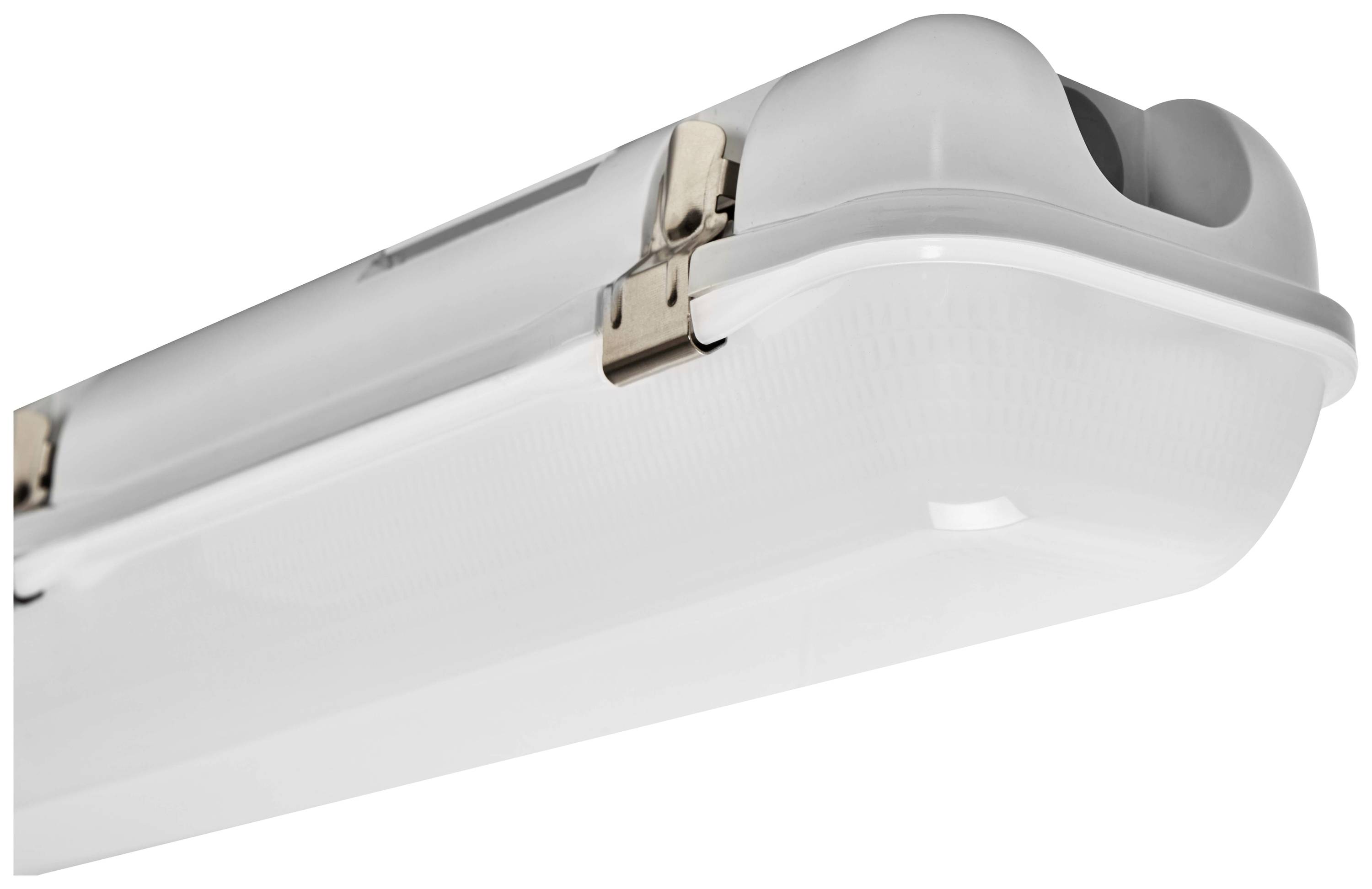 Eine weiße, längliche LED-Leuchte mit einem abgerundeten Design und metallischen Halterungen, geeignet für Deckenmontage.