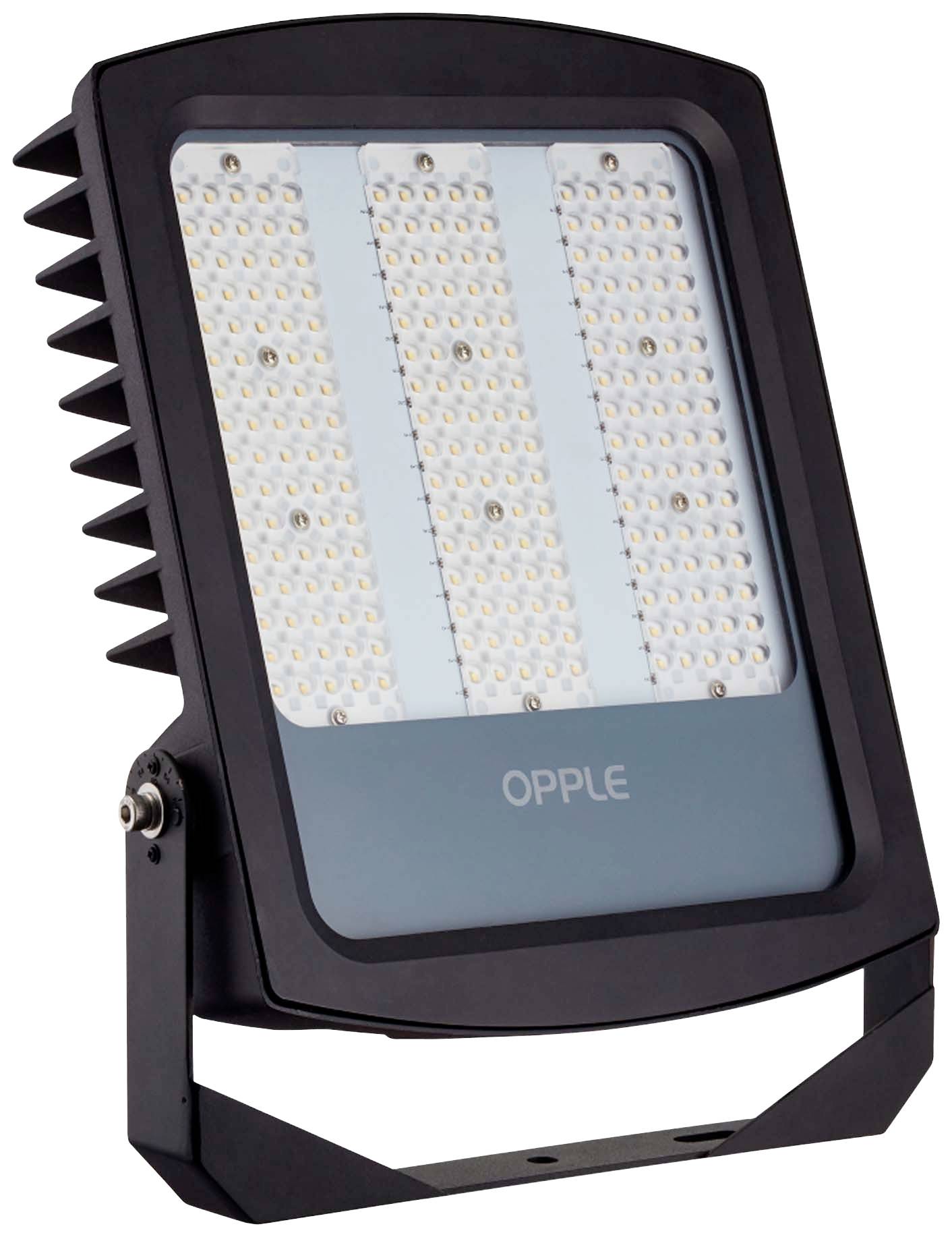 Industriestrahler mit rechteckigem, schwarzem Gehäuse und LED-Lichtpaneelen. Geeignet für großflächige Beleuchtung.