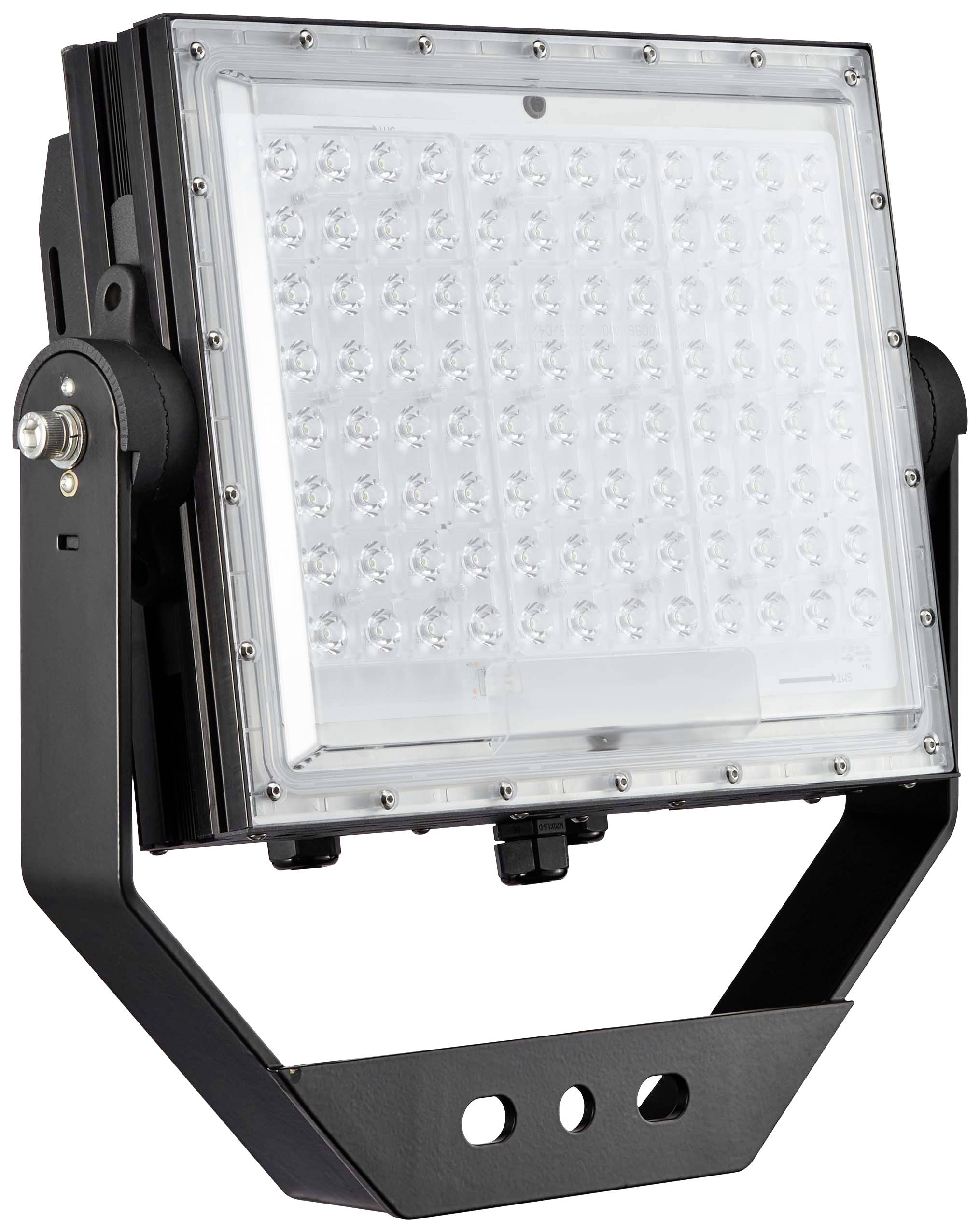 Ein LED-Flutlicht mit rechteckigem Rahmen und Halterung. Es enthält viele kleine, symmetrisch angeordnete LEDs hinter einer klaren Abdeckung.