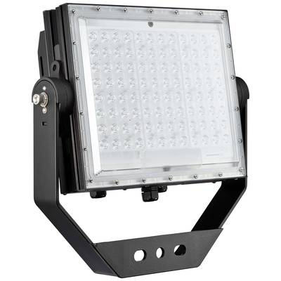 Ein LED-Flutlicht mit rechteckigem Rahmen und Halterung. Es enthält viele kleine, symmetrisch angeordnete LEDs hinter einer klaren Abdeckung.