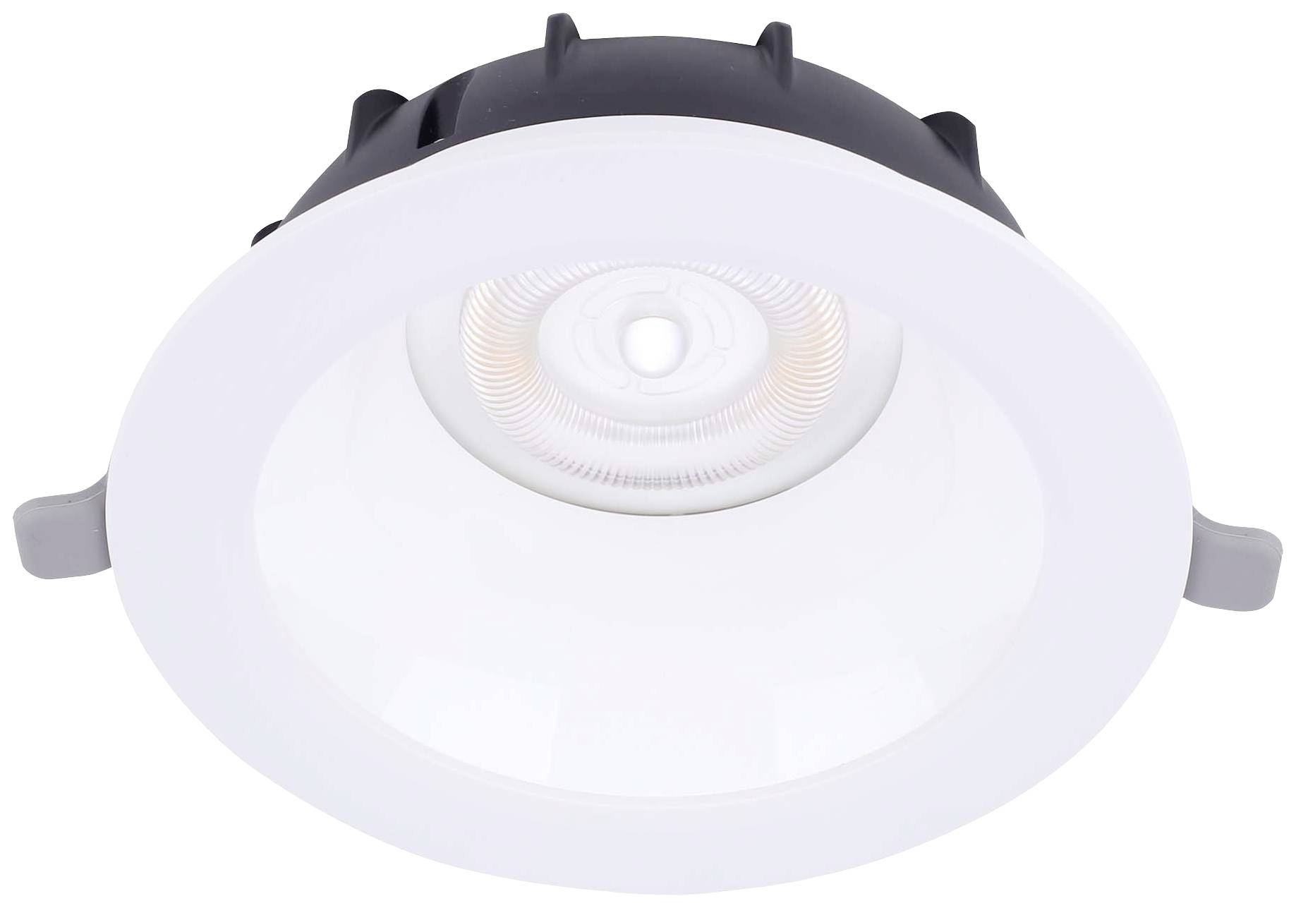Runde LED-Deckenleuchte mit weißem Rahmen und schwarzem Gehäuse. Sichtbar sind die LED-Lampen innen.