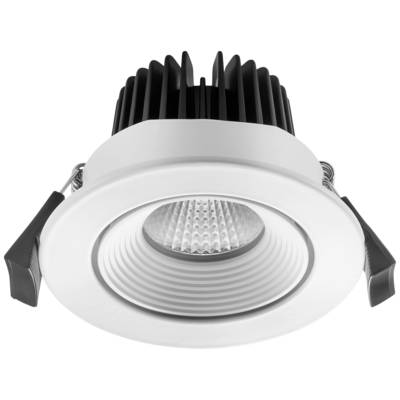 Ein runder LED-Deckeneinbaustrahler in Weiß mit schwarzem Kühlkörper. Geeignet für moderne Innenbeleuchtung.