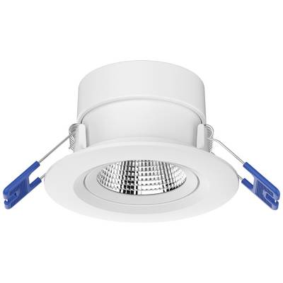 Ein weißer, runder LED-Einbaustrahler mit blauen Halteklammern, geeignet für Deckenmontage in Wohn- oder Geschäftsräumen.