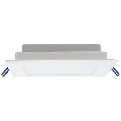 Ein quadratisches, flaches LED-Downlight mit weißem Rahmen und blauer Montagehalterung, für Deckeninstallation geeignet.