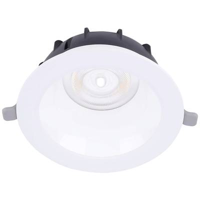Runde LED-Deckenleuchte in Weiß und Schwarz, geeignet für Einbau in abgehängte Decken, zeigt zentrale Lichtquelle.