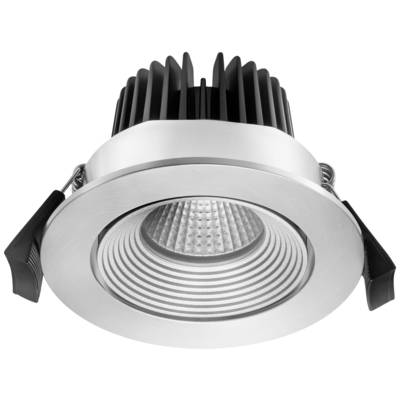 Eine runde LED-Einbauleuchte mit metallischem Gehäuse und Kühlrippen, geeignet für Deckenmontage, modern und energieeffizient.