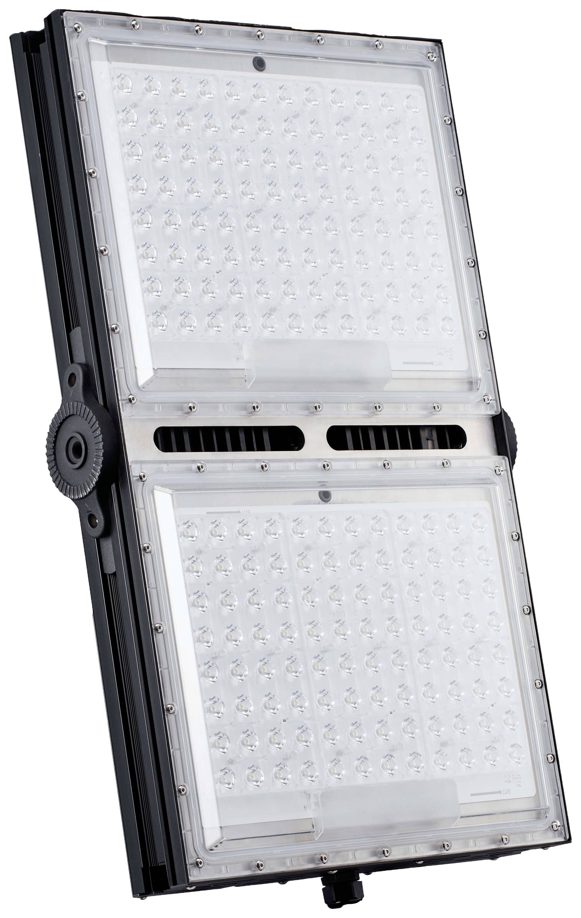 Ein rechteckiger LED-Fluter mit zwei großen Modulen, montiert auf einem schwarzen Gehäuse. Geeignet für industrielle Beleuchtung.