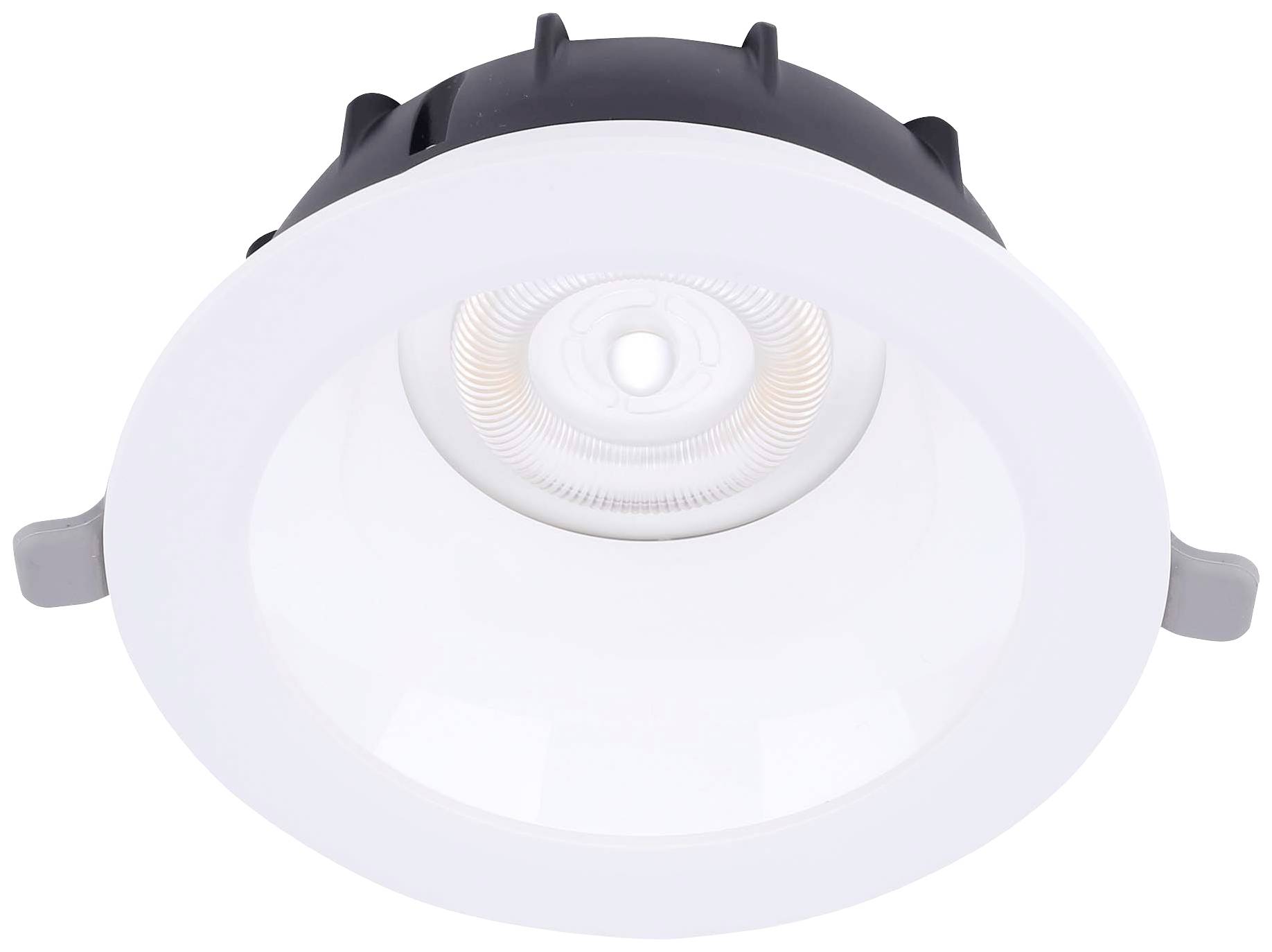 Eine runde LED-Deckeneinbauleuchte mit weißem Rahmen und Metallrückseite, die einen neutralen Lichtton abgibt.
