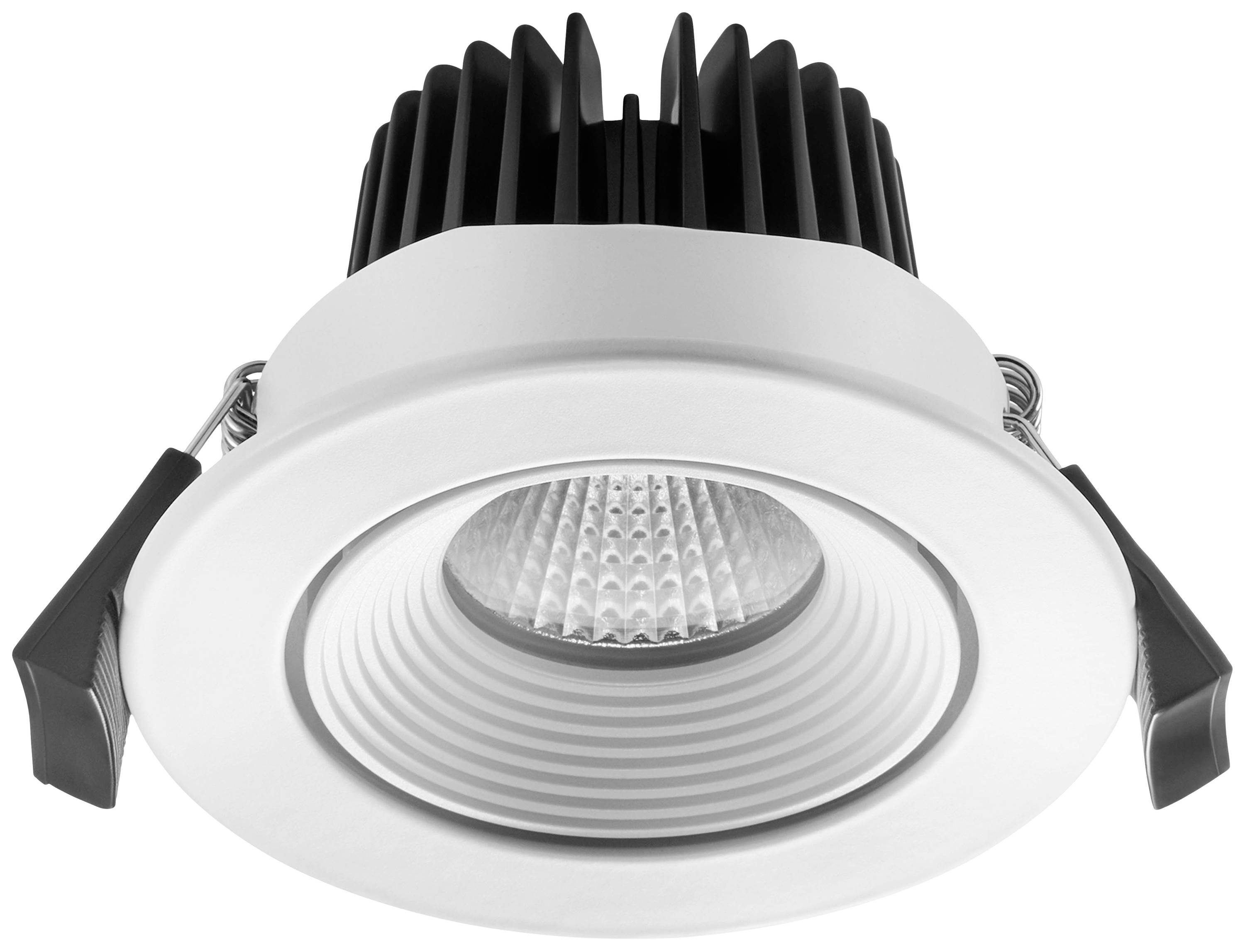 Ein runder LED-Deckeneinbauspot mit weißem Rahmen und schwarzem Kühlkörper, geeignet für Innenbeleuchtung.
