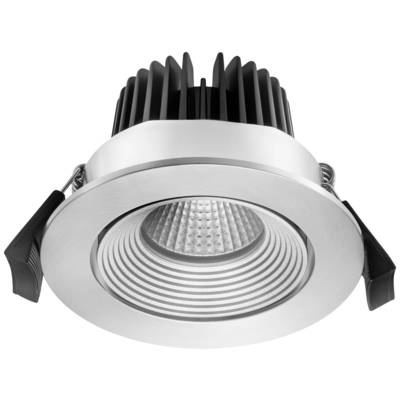 Eine silberne LED-Downlight-Lampe mit geripptem Kühlkörper und Halterungen, geeignet für moderne Deckenbeleuchtung.