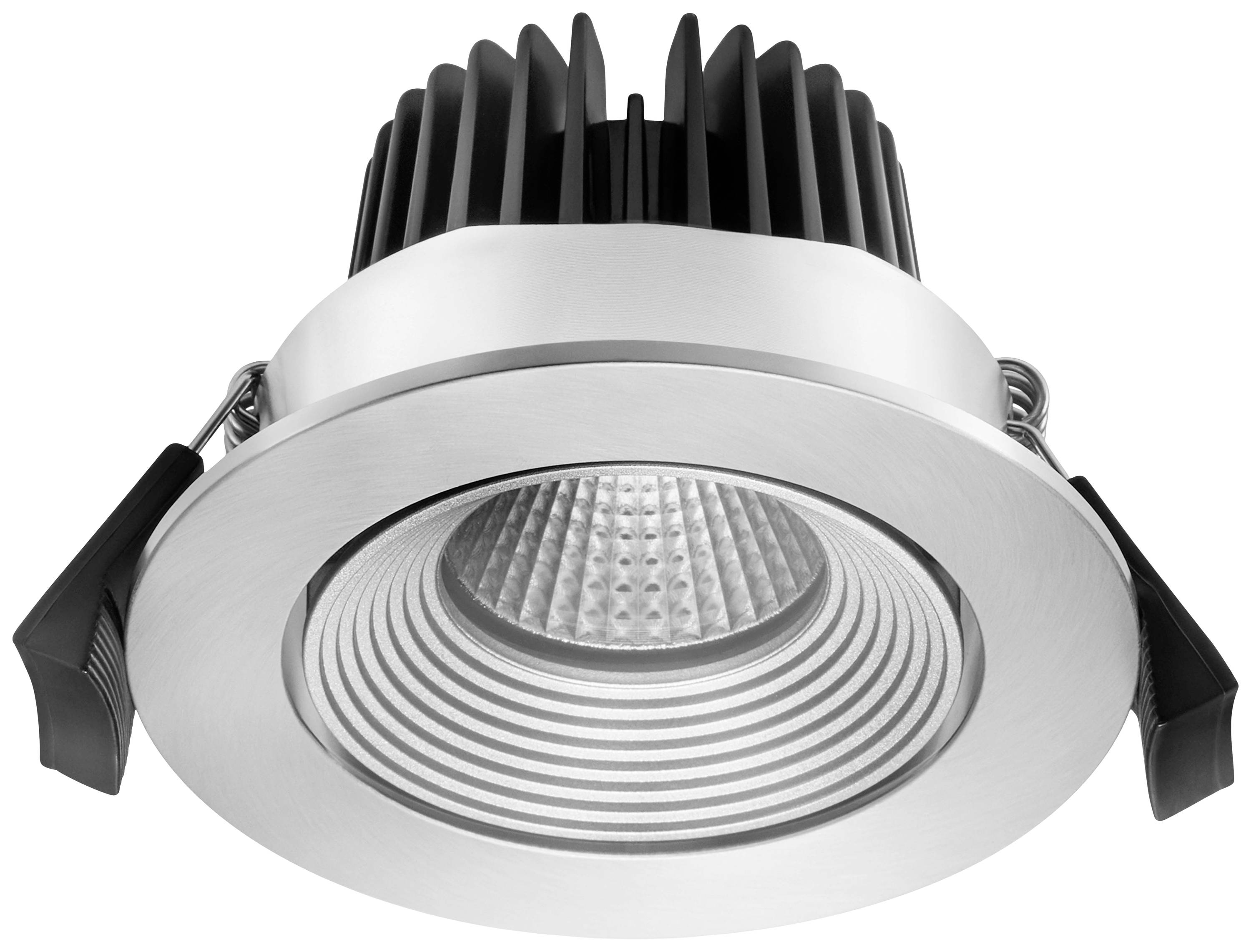 Ein runder LED-Deckeneinbaustrahler mit silberner Fassung und Kühlrippen aus schwarzem Material, geeignet für moderne Innenbeleuchtung.