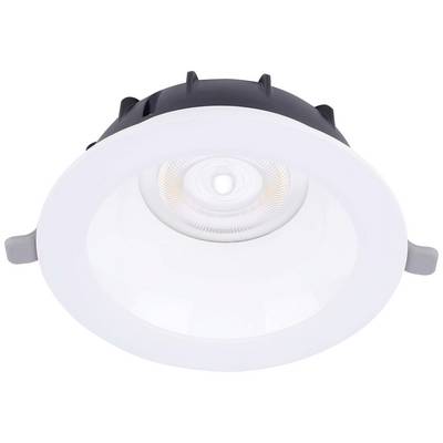 Ein runder, moderner LED-Deckeneinbauspot in Weiß und Grau mit sichtbarer Leuchte, geeignet für Innenbeleuchtung.