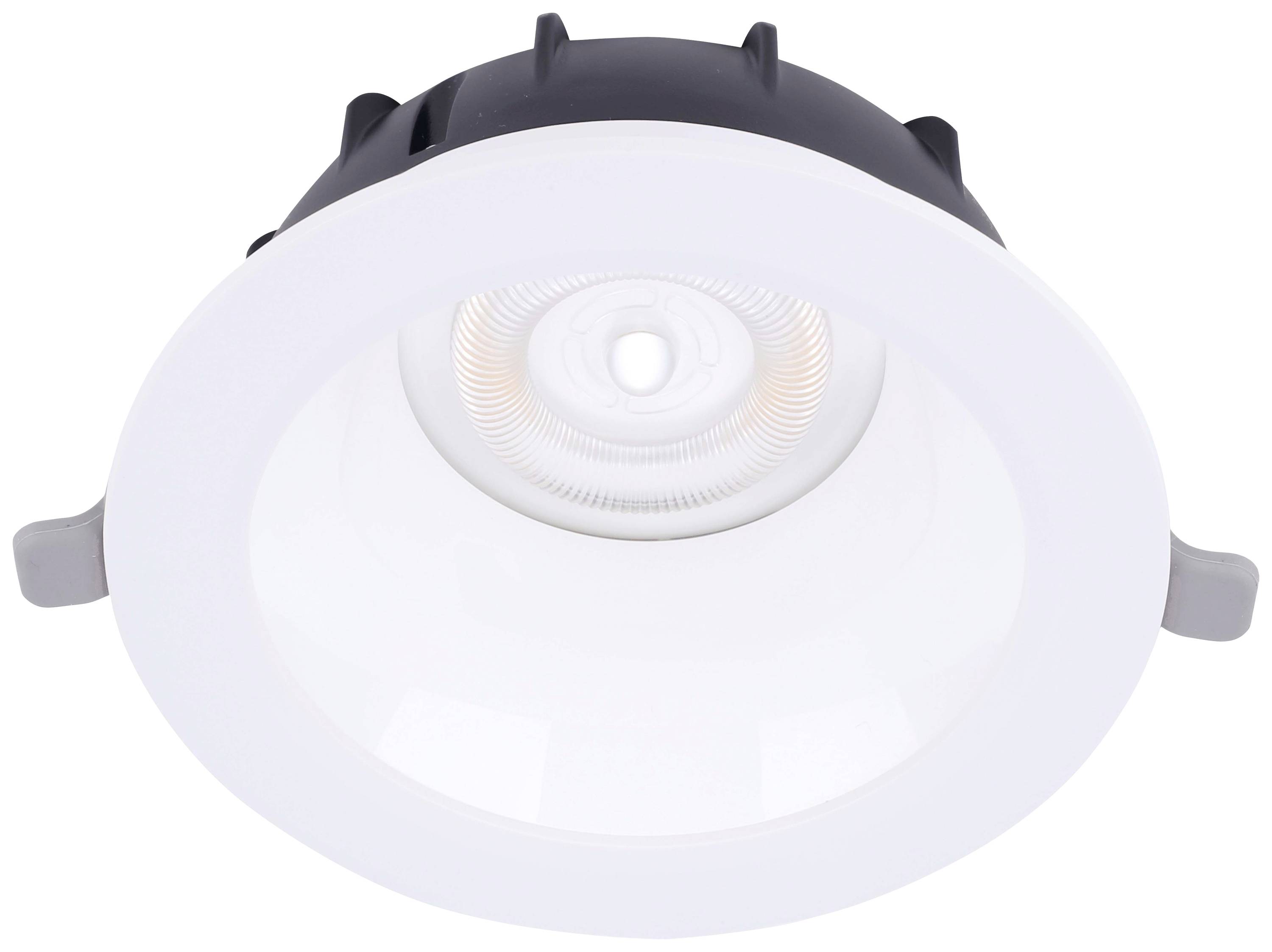 Runde LED-Deckenleuchte, weißer Rand, schwarze Rückseite. Geeignet für Innenbeleuchtung, energieeffizient und modern im Design.