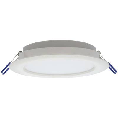 Runde LED-Deckeneinbauleuchte mit weißem Rand und blauer Befestigung. Ideal für moderne Innenbeleuchtung.
