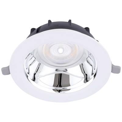 Runder LED-Deckeneinbaustrahler mit weißem Rahmen und silbernem Innenreflektor.