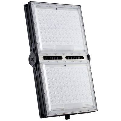 Ein rechteckiges LED-Flutlicht mit zwei durchsichtigen Paneelen und schwarzen Halterungen, zur Außenbeleuchtung geeignet.