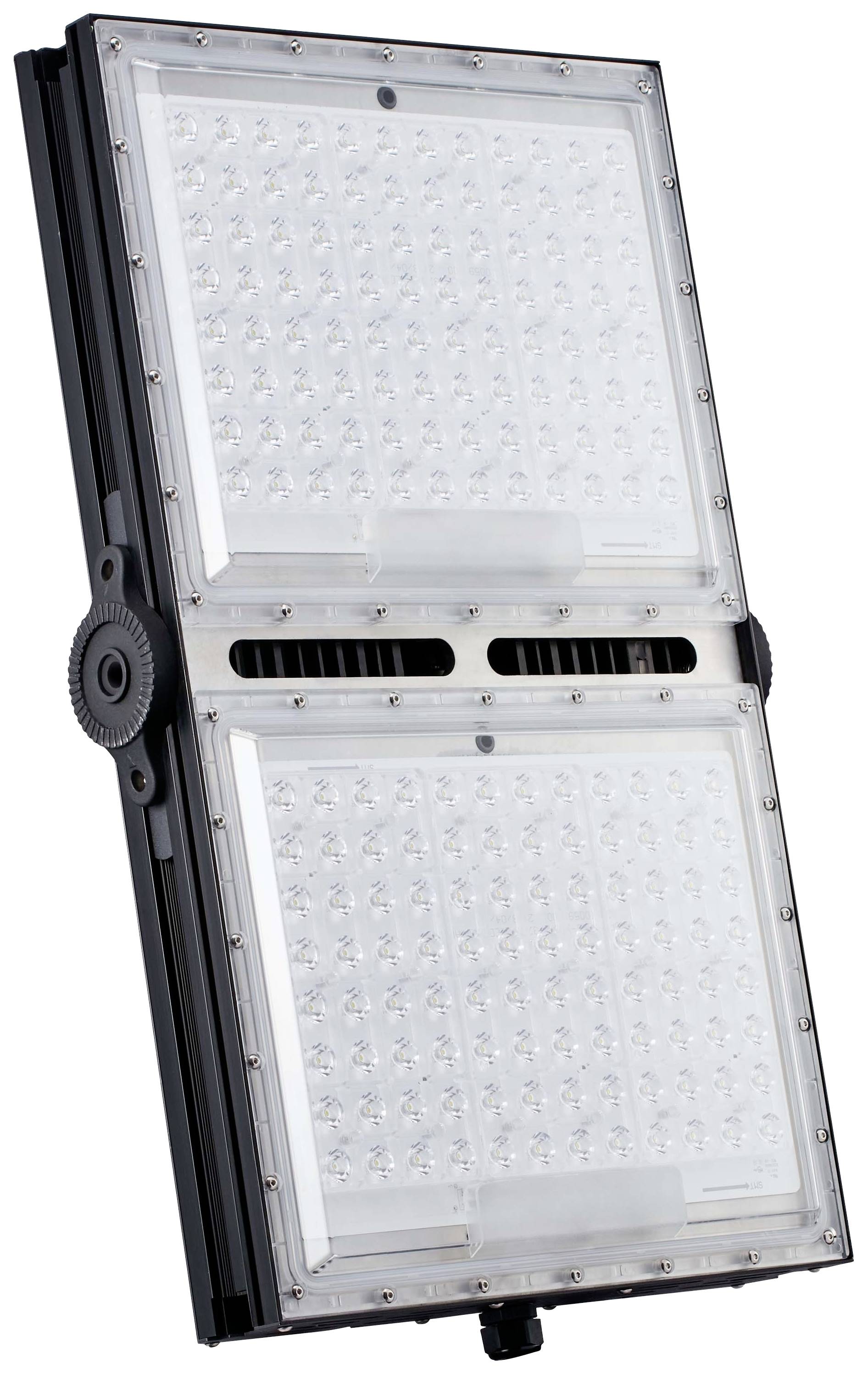 LED-Leuchte mit rechteckiger Form und zwei Gruppen von Leuchtfeldern. Geeignet zur Beleuchtung großer Flächen im Außenbereich.