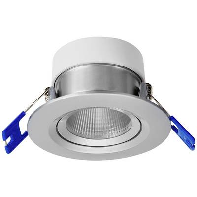 Ein runder LED-Deckenstrahler mit weißem Rahmen und blauen Befestigungsklammern, zur Einbauinstallation geeignet.