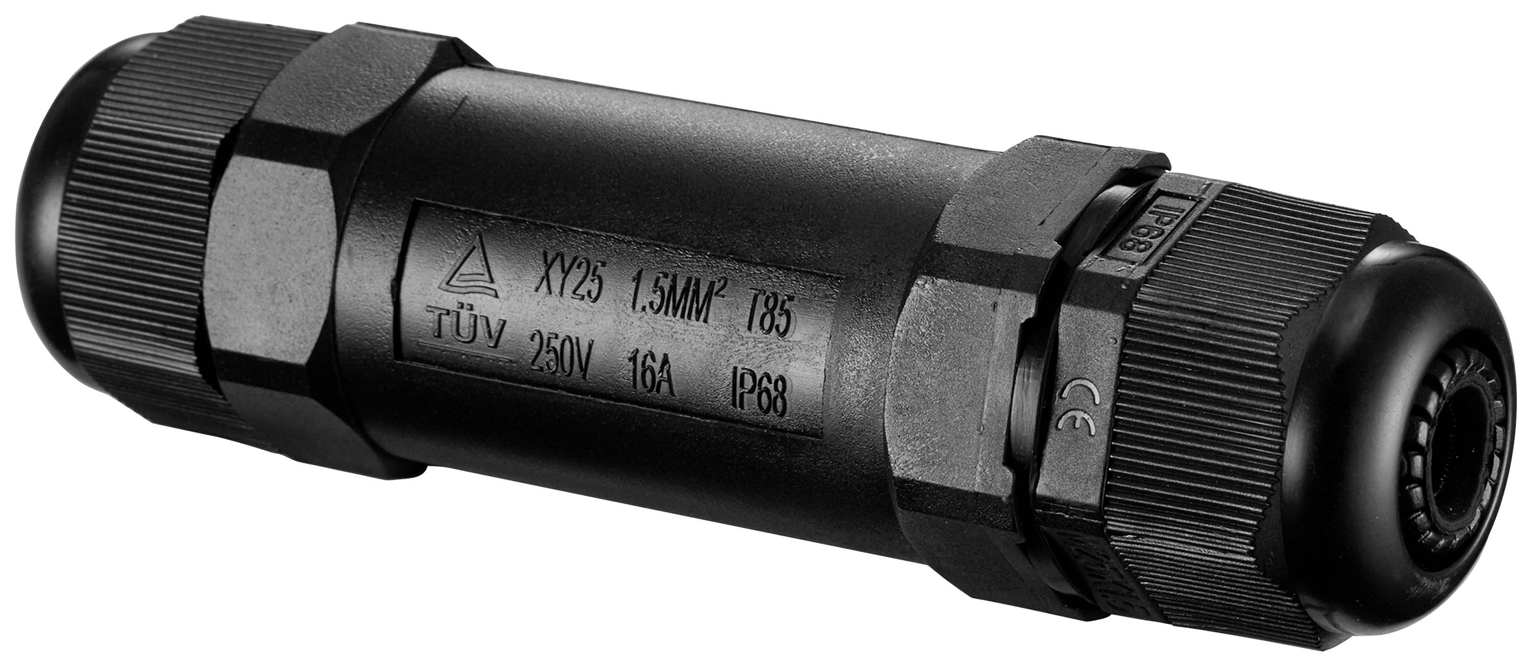 Ein schwarzer Kabelverbinder mit Aufschriften: 'XY25, 1.5 mm², T85, TÜV, 250V, 16A, IP68'. Geeignet für 16A, IP68 wetterfest.