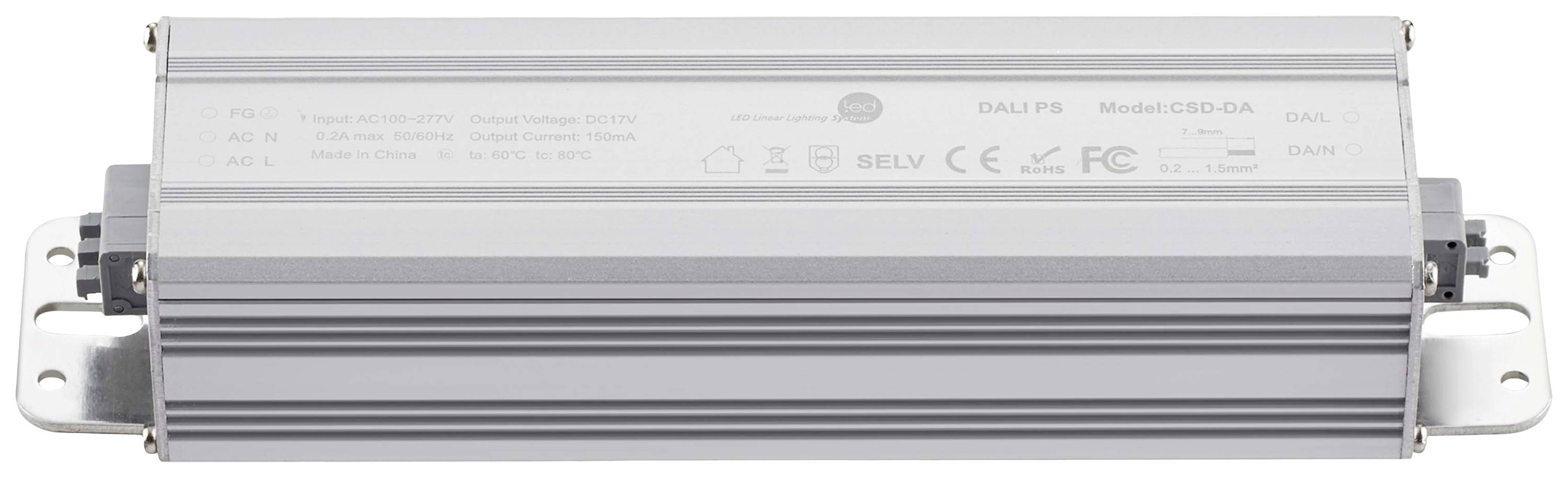 Silbernes, rechteckiges elektronisches Gerät mit technischen Spezifikationen und Zertifizierungssymbolen auf der Oberseite.