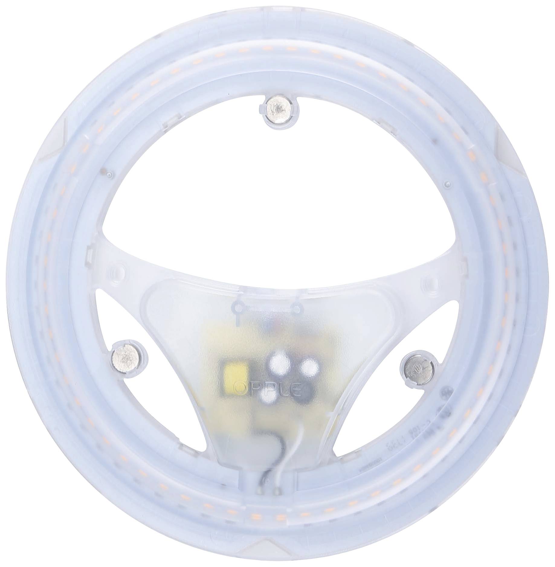 Runder LED-Ring mit transparentem Gehäuse, innen sichtbare elektronische Bauteile.