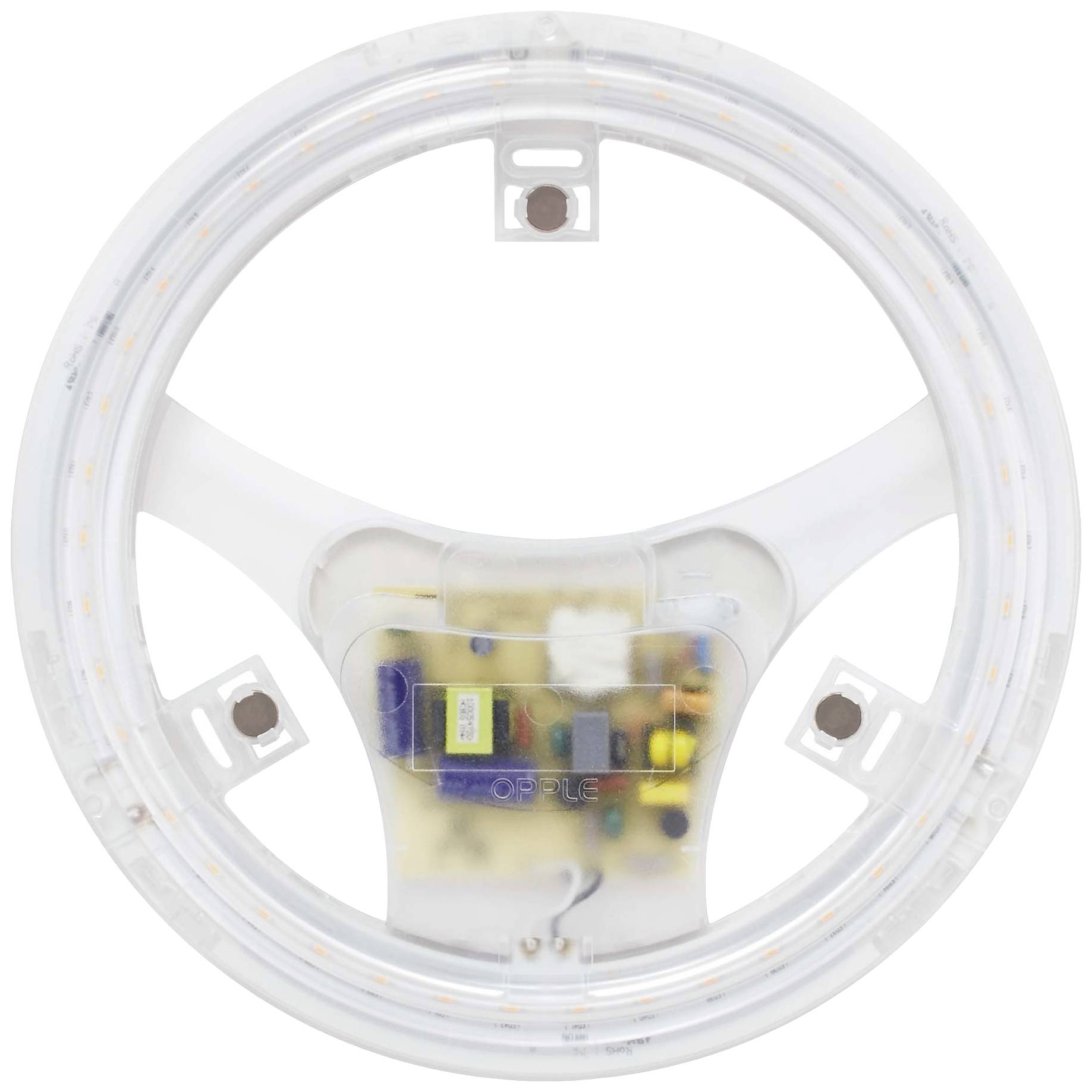 Ein LED-Ringlicht mit elektronischen Bauteilen in der Mitte, gezeigt von oben. Elektrische Kontakte sichtbar an der Außenseite.