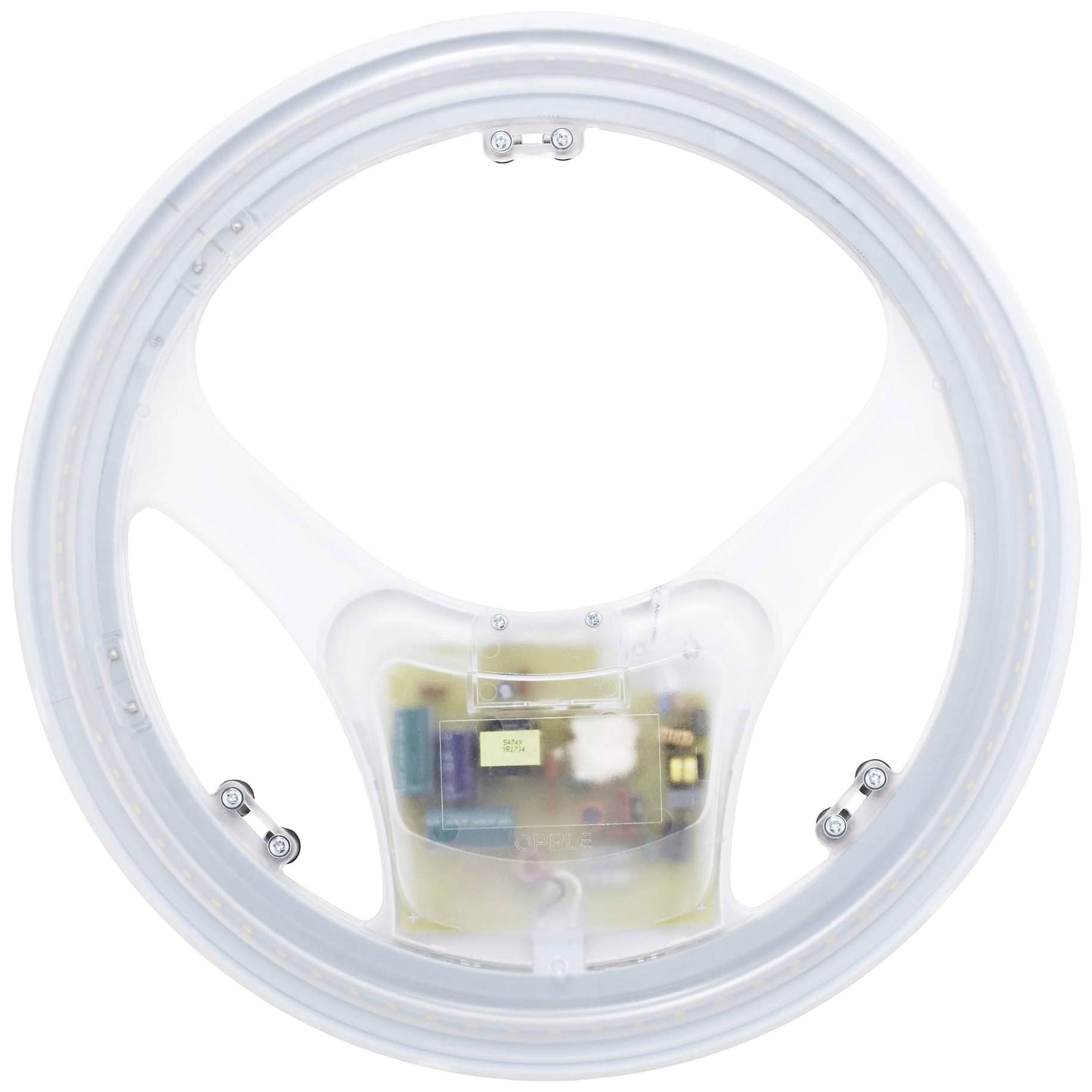 Ein weißer LED-Ring mit eingebauter Elektronik, vermutlich für Beleuchtungszwecke. Zentrale Komponente weist detaillierte Schalttechnik auf.