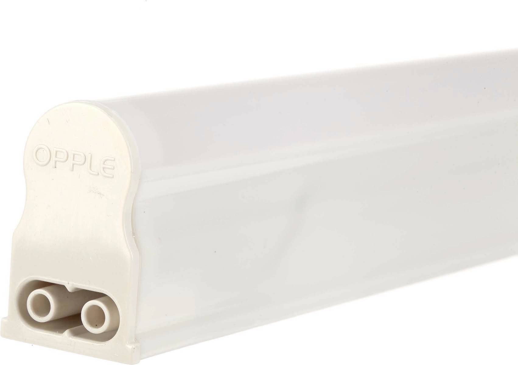 Weiße LED-Leuchtstoffröhre mit zwei Steckanschlüssen auf einer Seite, Aufschrift 'OPPLE' an der Abdeckung.
