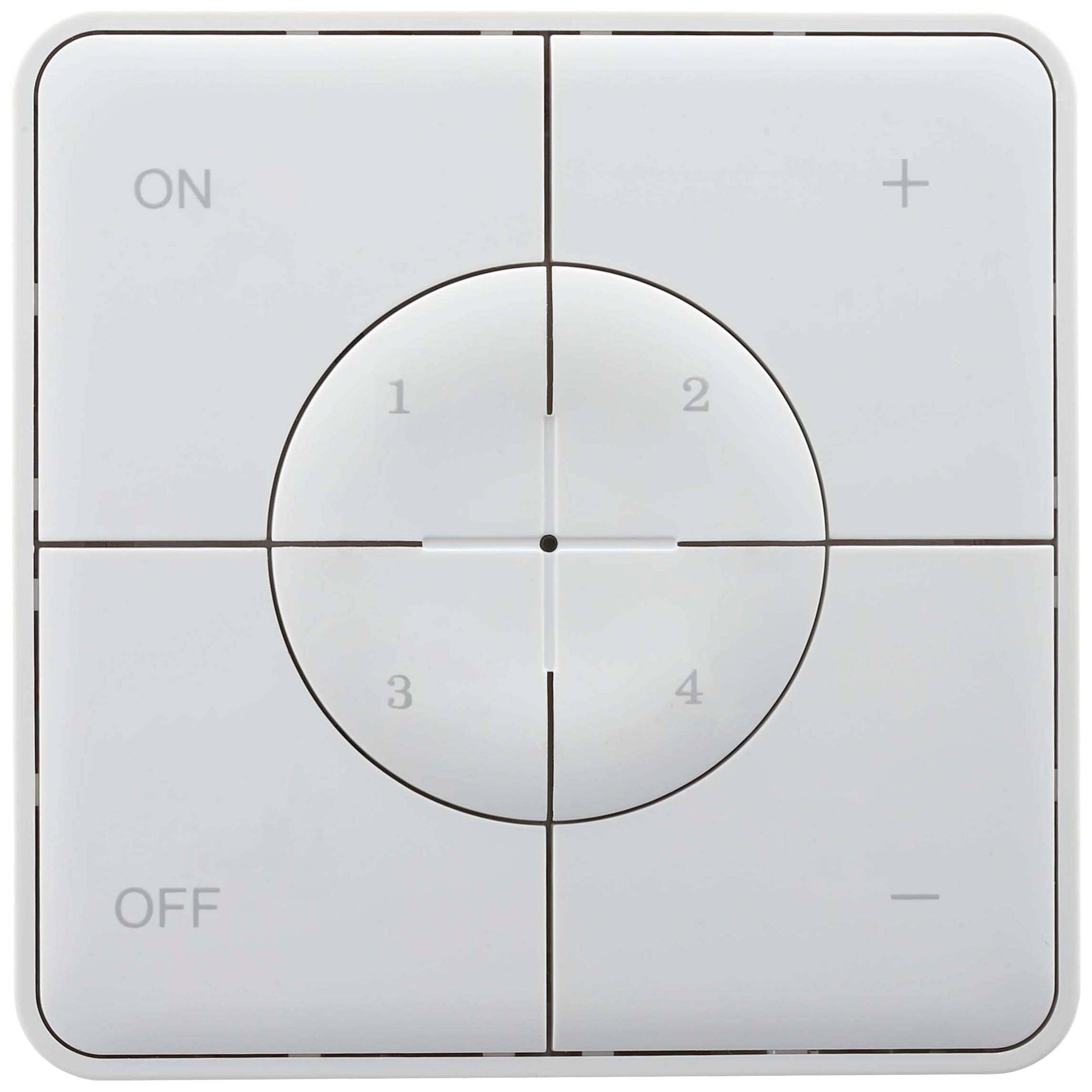 Schalter mit vier Tasten: 'ON', 'OFF', '+', '-'. Zahlen 1-4 in der Mitte angeordnet. Steuerung für ein elektronisches Gerät.