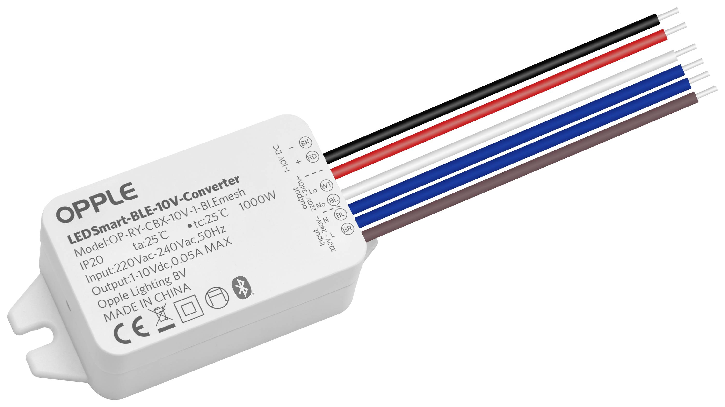 LED-Konverter von OPPLE mit Modellnummer BLE-10V, zeigt fünf farbige Kabel. Unterstützt 50/60Hz, 0,005A max., hergestellt in China.