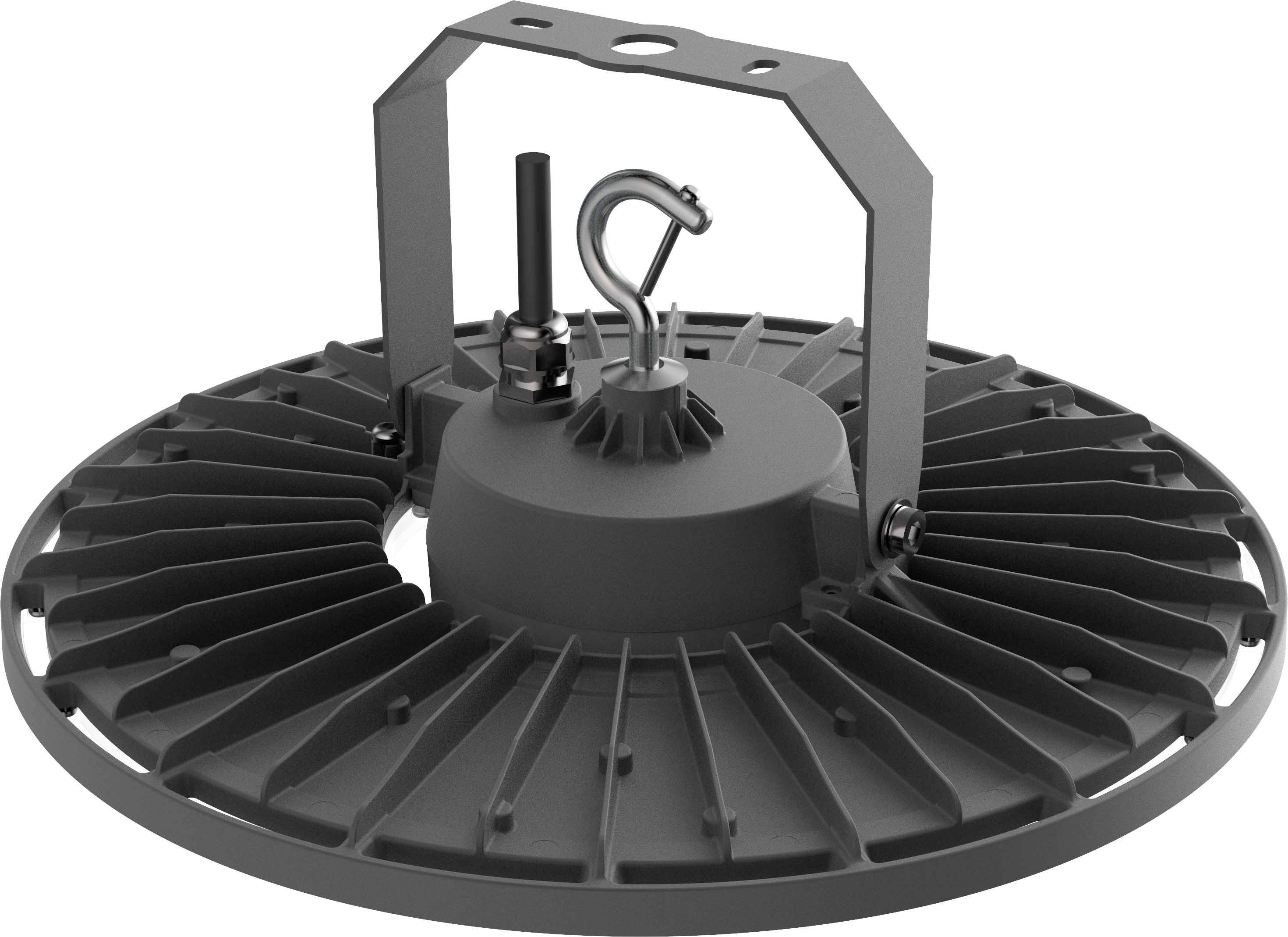 Industrie-LED-Deckenstrahler mit kreisförmigem Kühlkörper und Aufhängvorrichtung, geeignet für energieeffiziente Beleuchtung in großen Räumen.