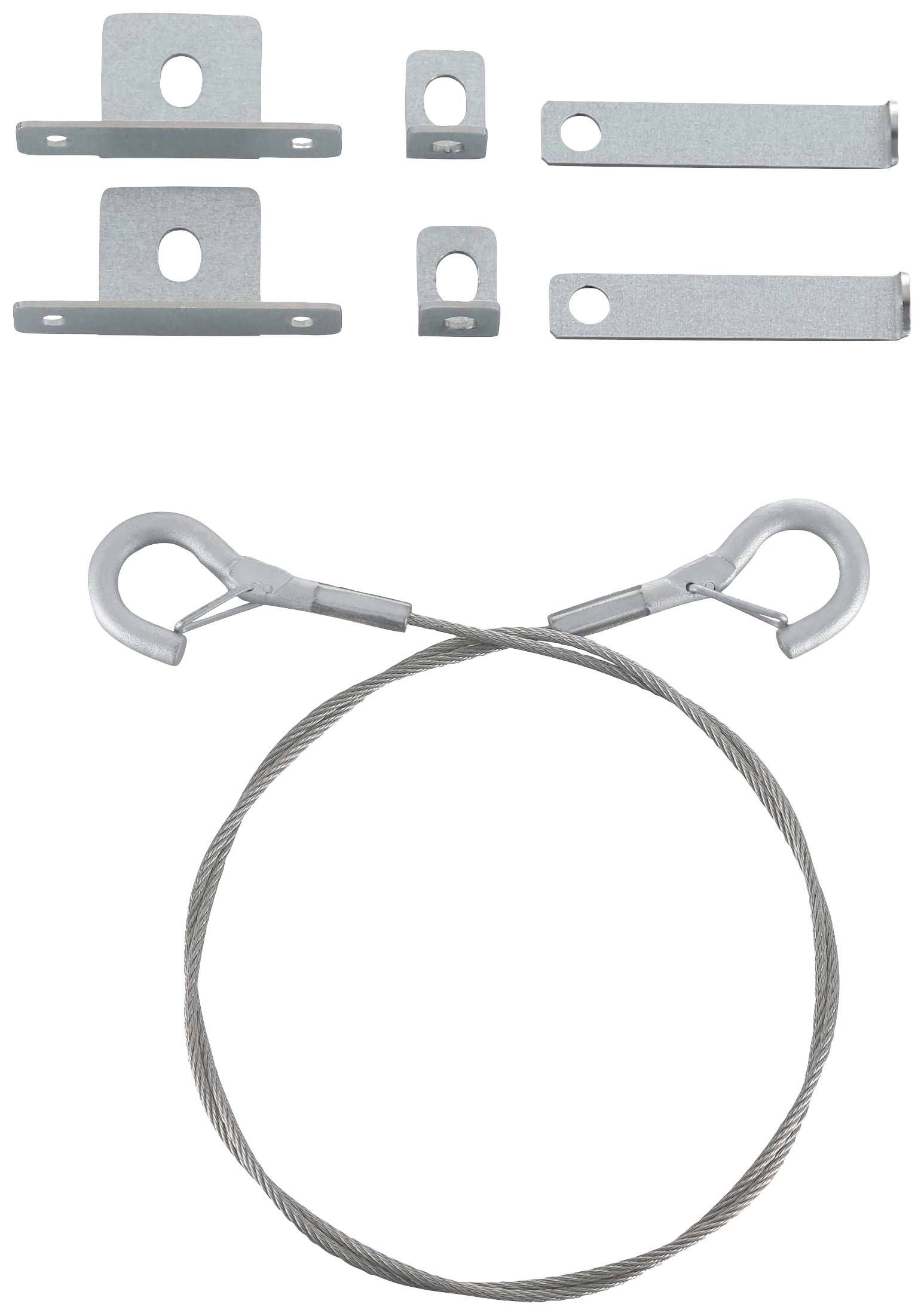 Metallhalterungen und -haken, verbunden durch ein dickes Drahtseil.