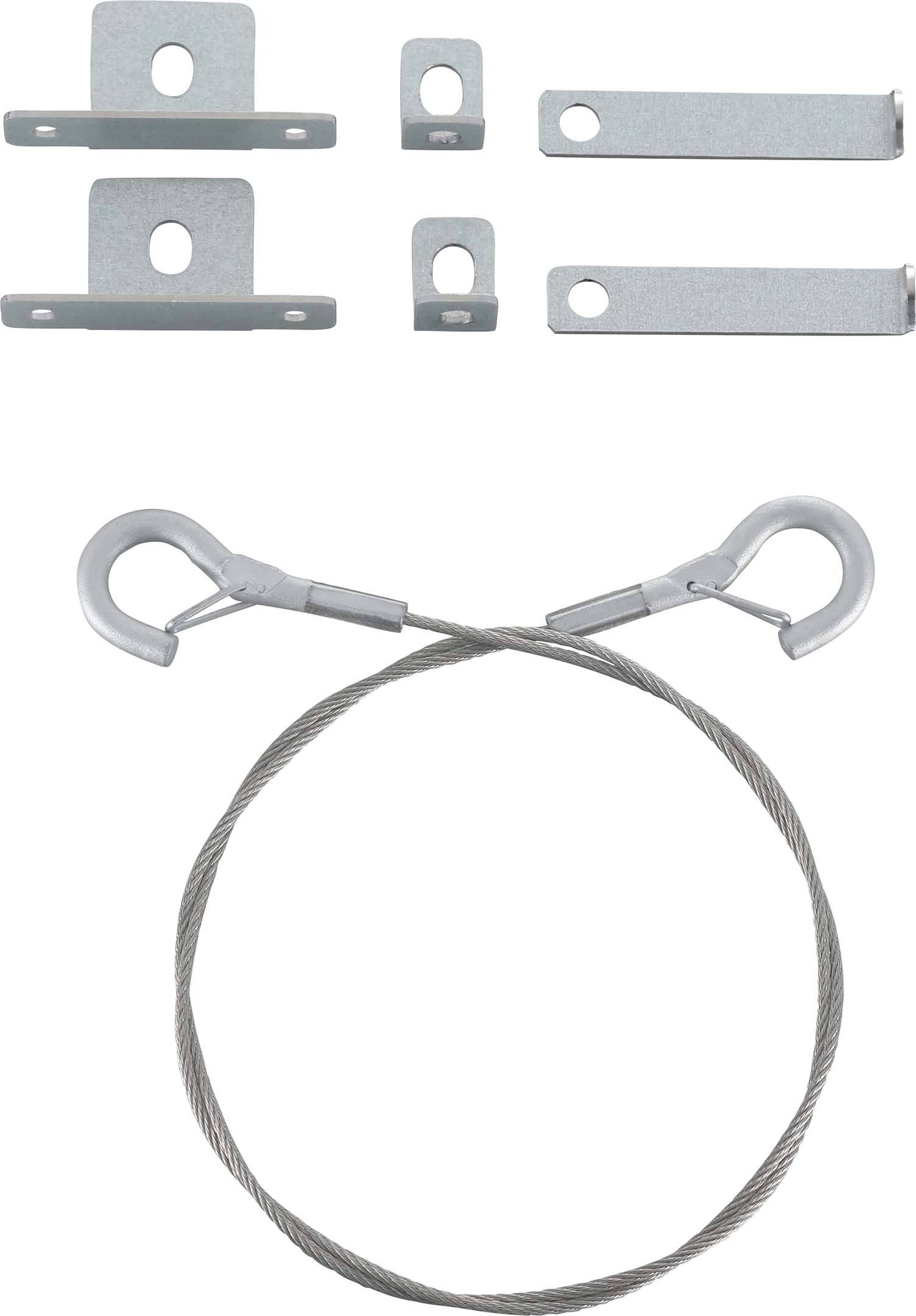 Metallteile-Set bestehend aus zwei Haken, zwei langen und vier kurzen Metalllaschen zur Decken- oder Wandmontage, mit Stahlseil.