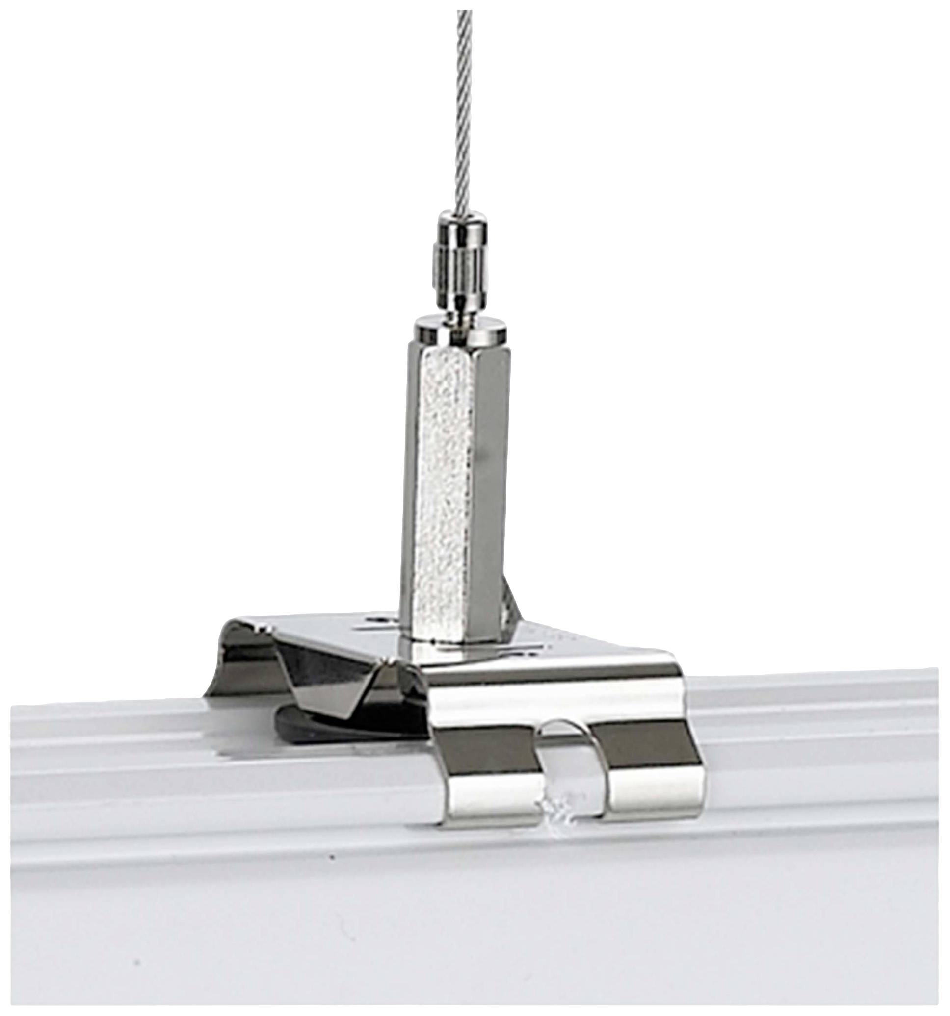 Eine silberne Metallhalterung befestigt an einem Kabel, montiert auf einer weißen Schiene.