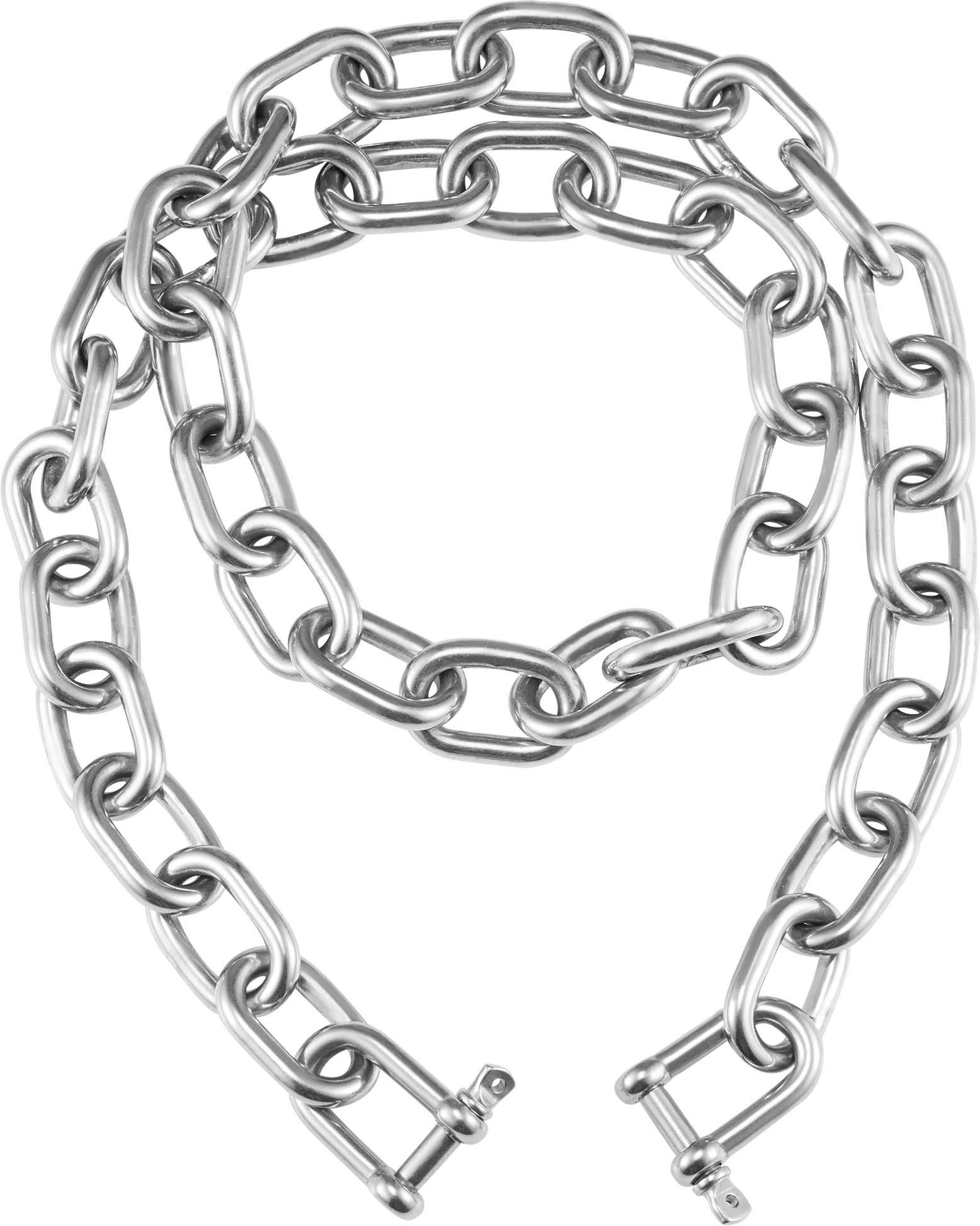 Eine schwere Metallkette mit großen Gliedern liegt lose auf einer Oberfläche. Am Ende der Kette befinden sich zwei Haken.