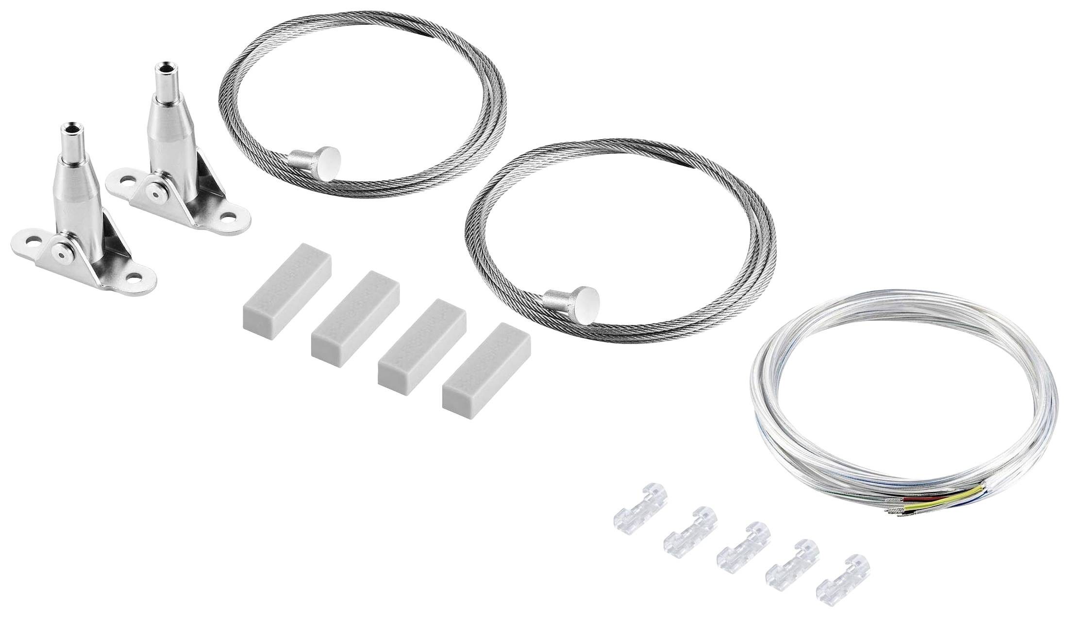 Zwei montierbare Halterungen mit Stahlseilen und Steckern, vier rechteckige Blöcke, mehrere Kabel und Clips auf weißem Hintergrund.