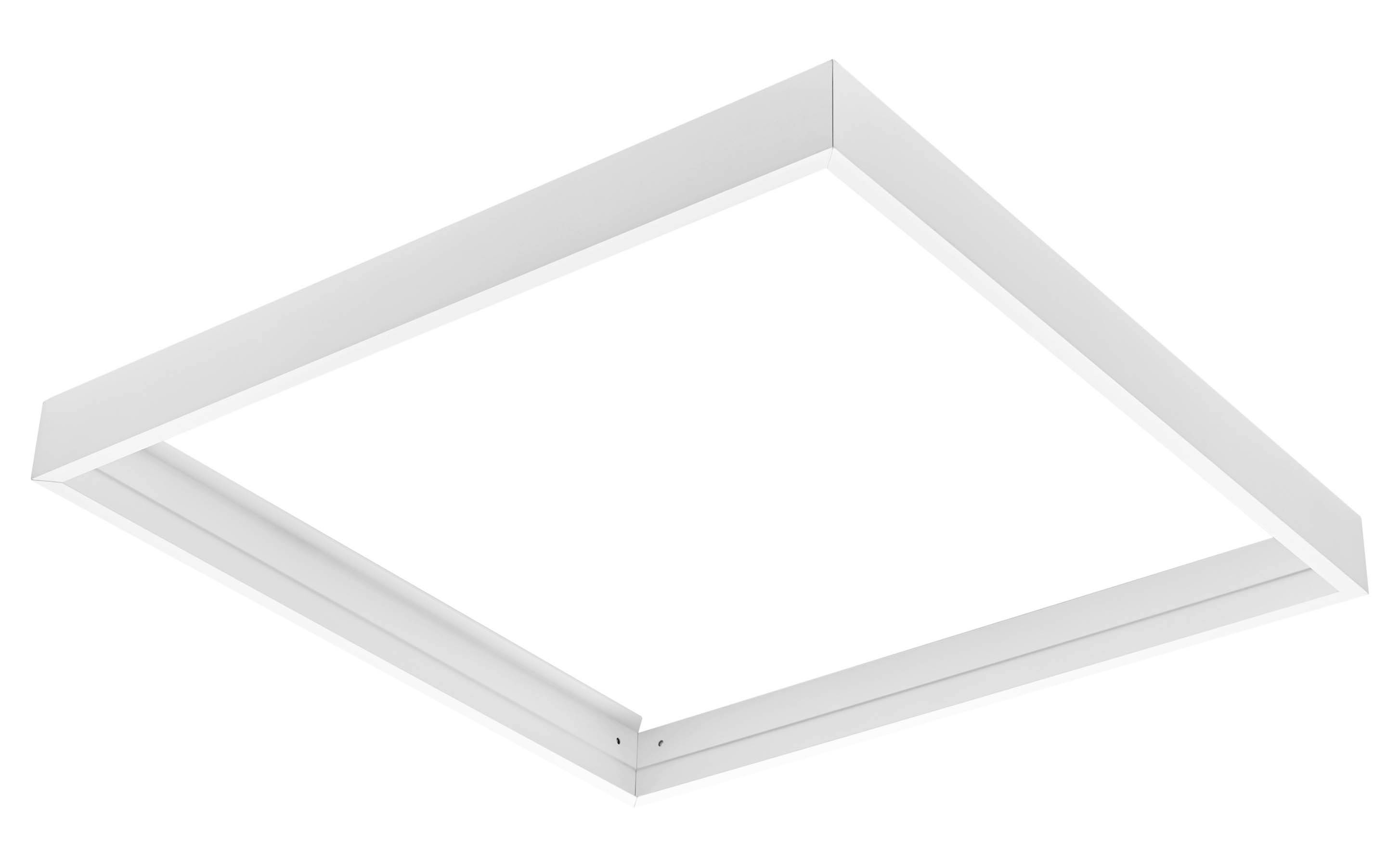 Ein weißer, quadratischer Rahmen aus Metall, geeignet für Deckeneinbau, zeigt eine einfache, moderne Gestaltung.