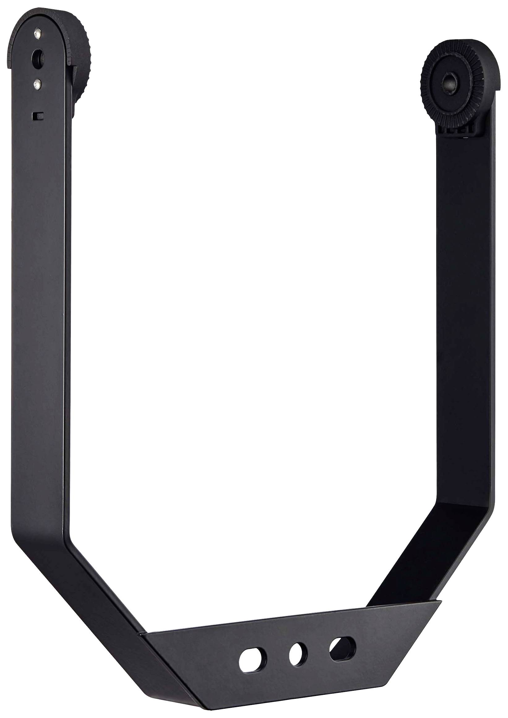 Schwarzer Halter aus Metall mit zwei Seitenarmen und einer unteren Strebe mit drei Löchern, zur Wandmontage geeignet.