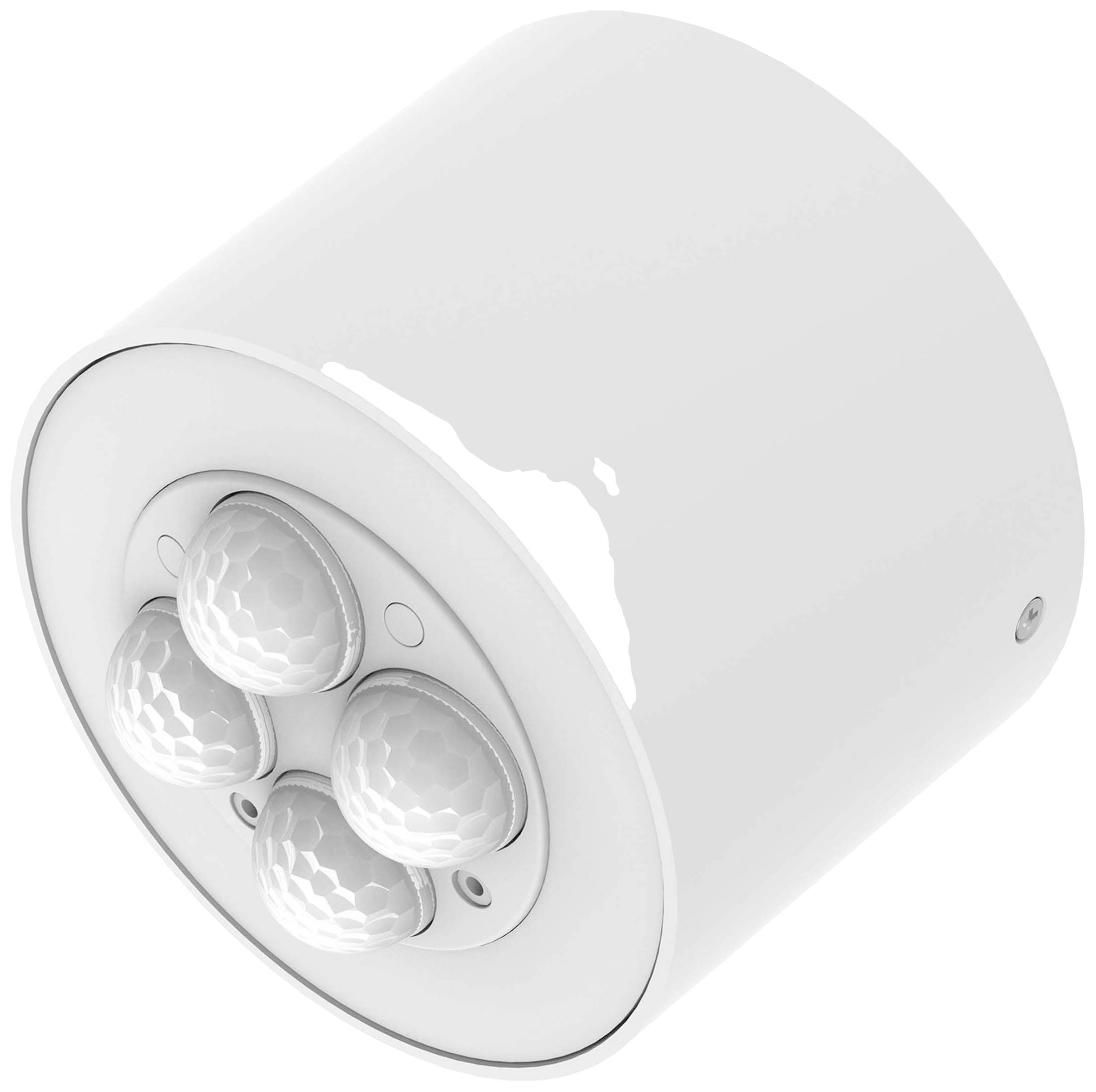 Ein runder, weißer LED-Deckenspot mit drei separaten Lichtquellen, die wie Tennisbälle geformt sind und eine glatte Oberfläche haben.