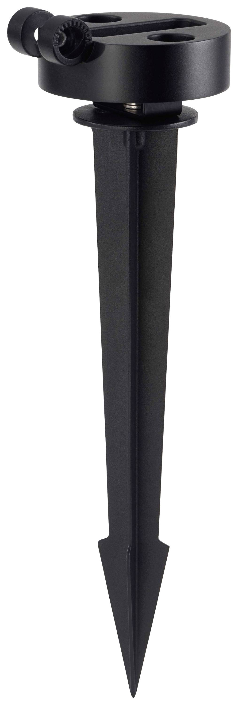 Ein schwarzer Kunststoff-Bodenanker mit zylindrischem Kopf und Schraubverbindung, geeignet zur Befestigung von Gartensteckern oder Lampen.