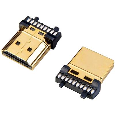 Zwei goldene HDMI-Stecker mit schwarzen Kunststoffgehäusen und Metallkontakten, die typischerweise für Audio- und Videoverbindungen verwendet werden.