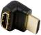 Ein schwarzer HDMI-Winkeladapter mit einem Stecker und einer Buchse, die in einem 90-Grad-Winkel zueinander angeordnet sind.
