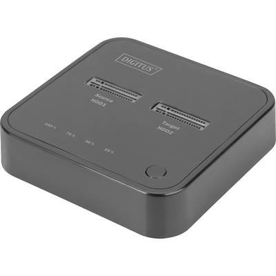 Ein schwarzer Festplatten-Duplizierer mit zwei Anschlüssen, beschriftet 'Source HDD1' und 'Target HDD2', zeigt Klonaktivität an.